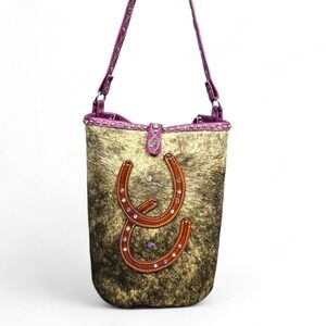 Western Cowhide Fur Plum Leather Horseshoe Rhinestone Studded Bucket Bag XL EUC